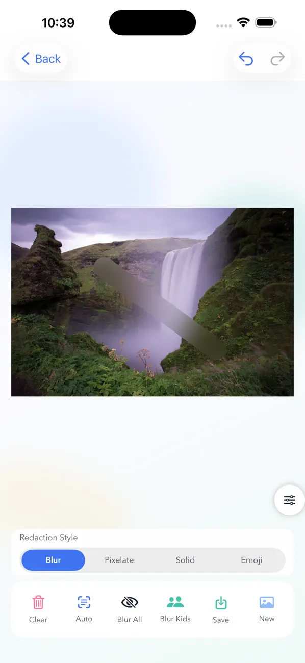 Blur Me App Store screenshot showing a photo with sensitive details covered