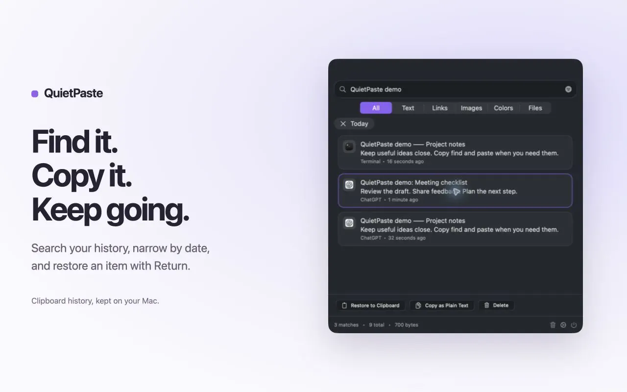 Quick actions — QuietPaste App Store screenshot