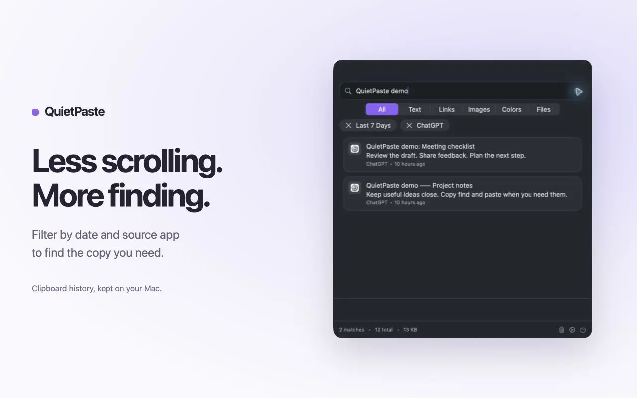 Filter your history — QuietPaste App Store screenshot